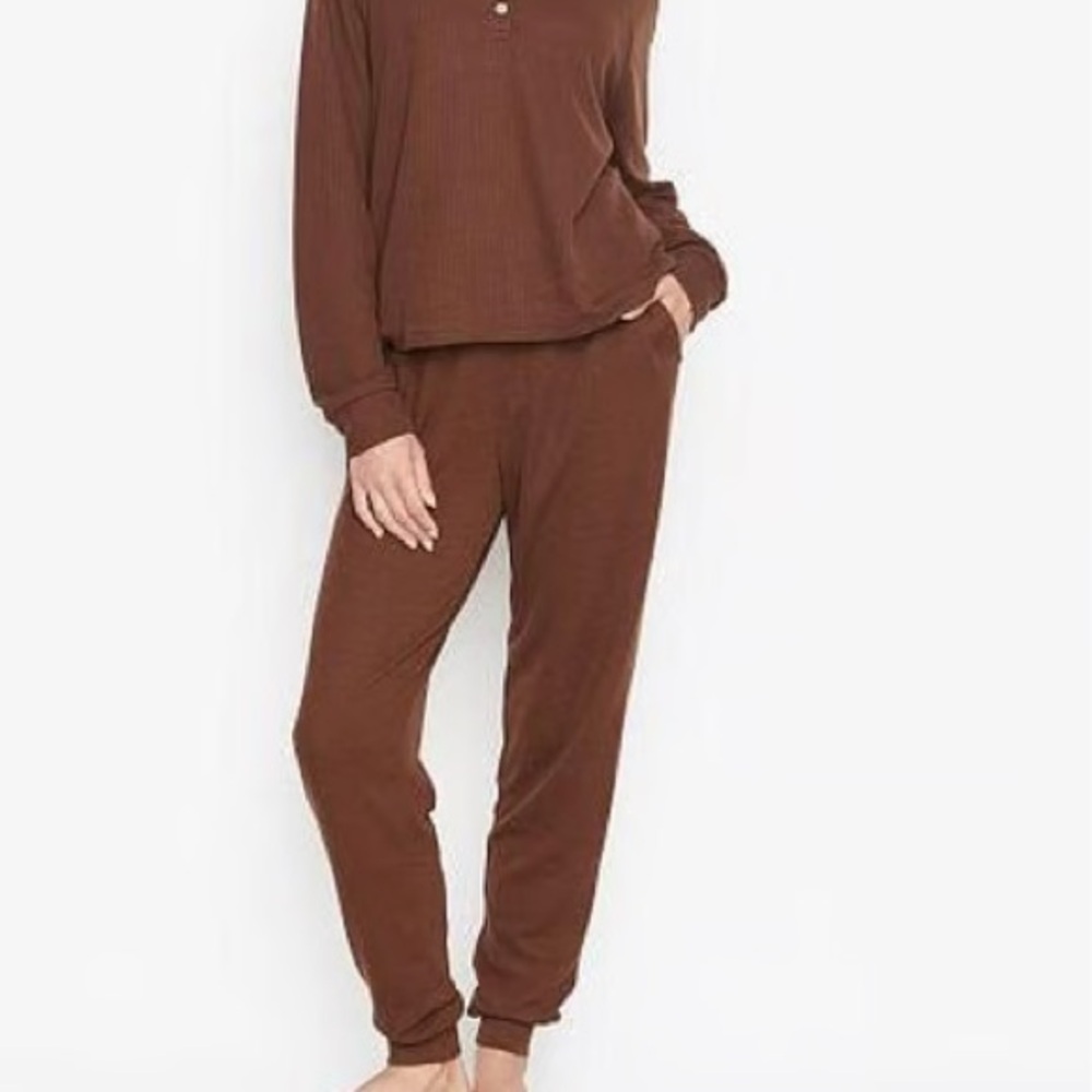 NEW Victoria Secret XS Long Brown Waffle Knit Joggers Pajamas Lounge Sweatpants